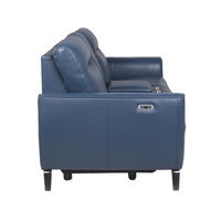 High Leg Console Loveseat Top Grain Leather, Dual Power, Ocean Blue Color Stowaway Footrest, Flaired Chrome Leg, Motion Furniture Look Dark Blue Foam Leather