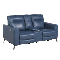 High Leg Console Loveseat Top Grain Leather, Dual Power, Ocean Blue Color Stowaway Footrest, Flaired Chrome Leg, Motion Furniture Look Dark Blue Foam Leather