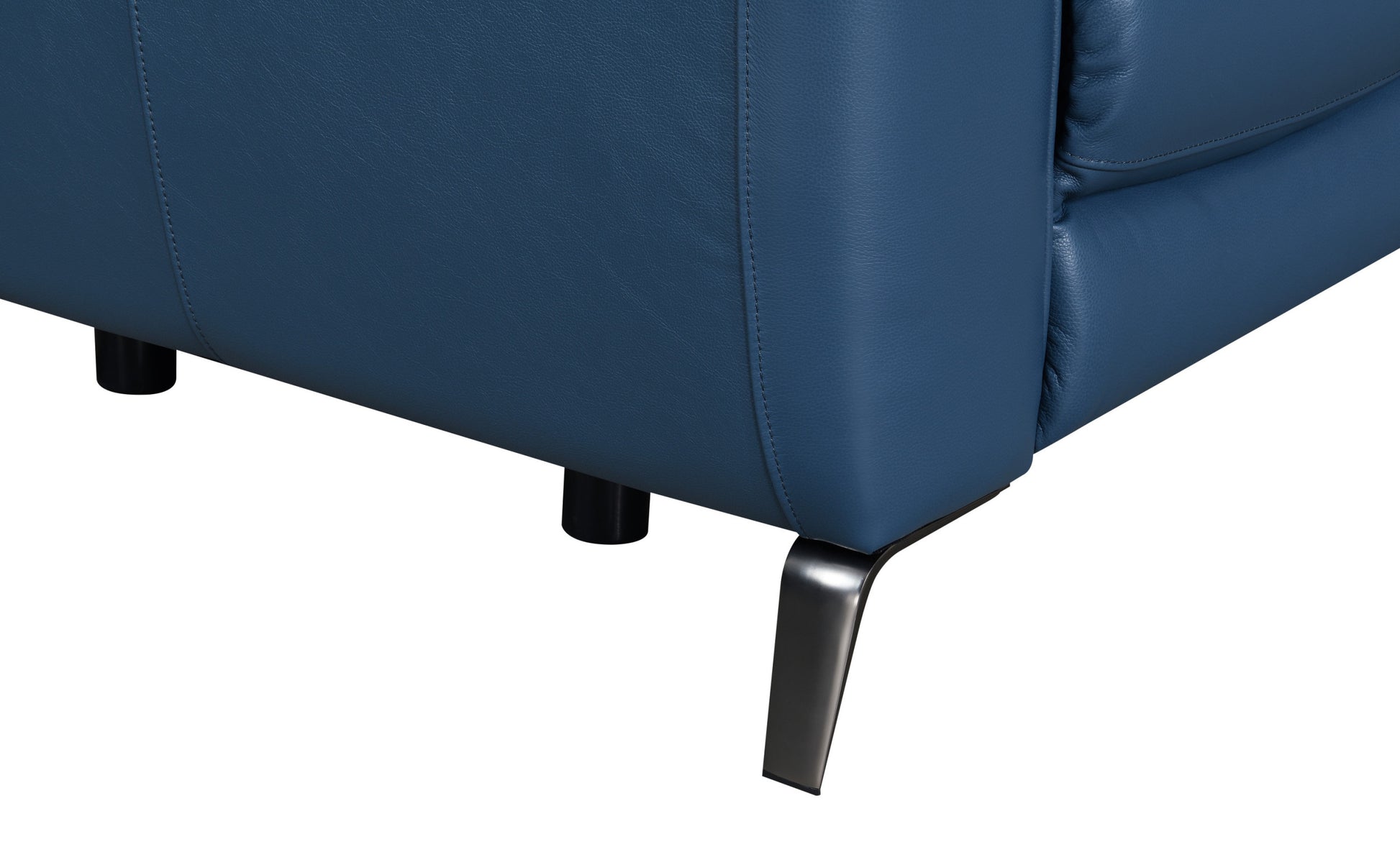 High Leg Console Loveseat Top Grain Leather, Dual Power, Ocean Blue Color Stowaway Footrest, Flaired Chrome Leg, Motion Furniture Look Dark Blue Foam Leather