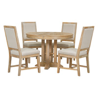 5 Piece Dining Set Extendable Round Table And 4 Upholstered Chairs Farmhouse Dining Set For Kitchen, Dining Room Natural Wood Wash Natural Wood Wash Solid Wood Mdf