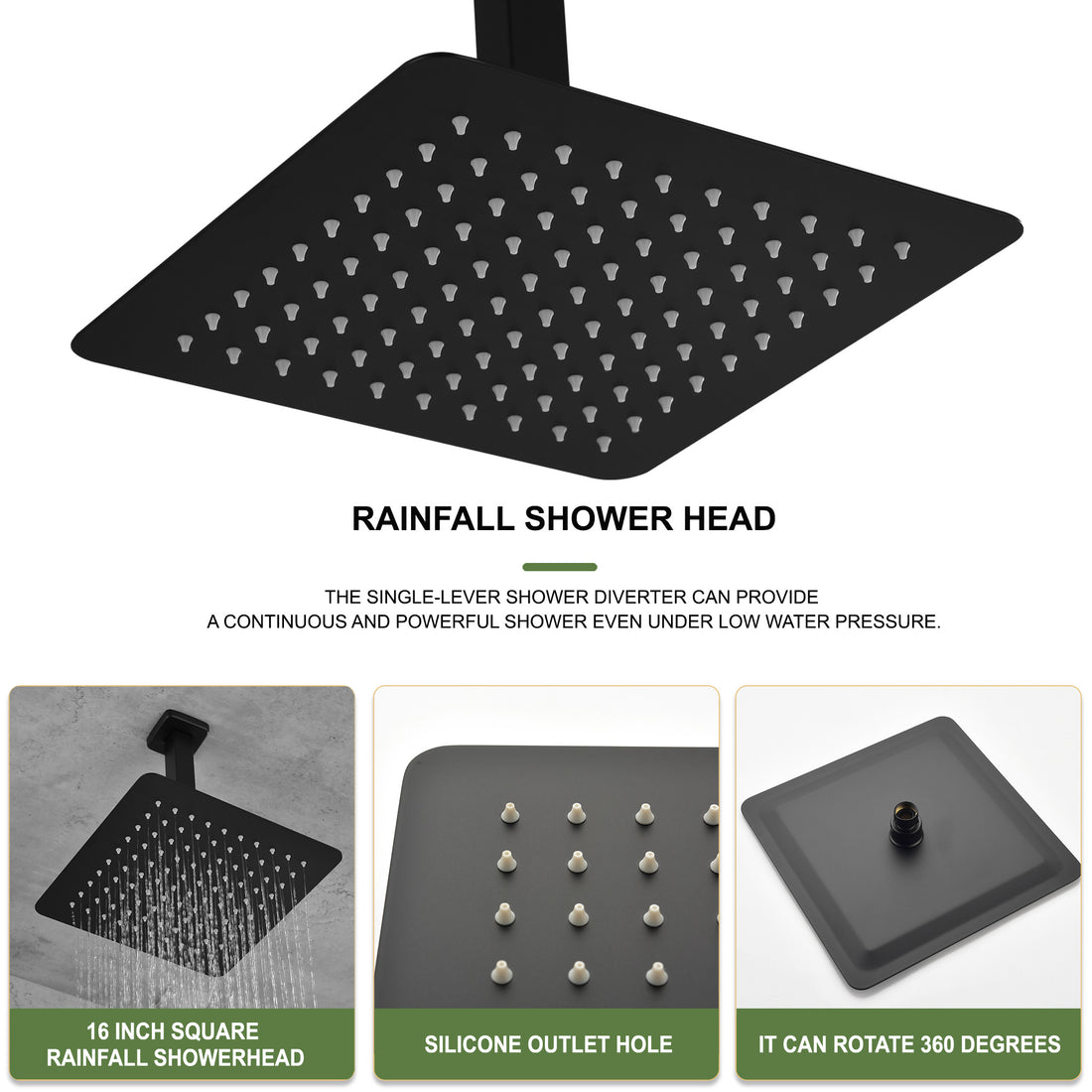 16 Inch Square Rain Shower Head Matte Black 304 Stainless Steel Showerhead Matte Black Stainless Steel