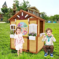 Outdoor Playhouse For Kids Wooden Cottage With Working Doors Windows Pretend Play House For Age 3 8 Years Natural Solid Wood