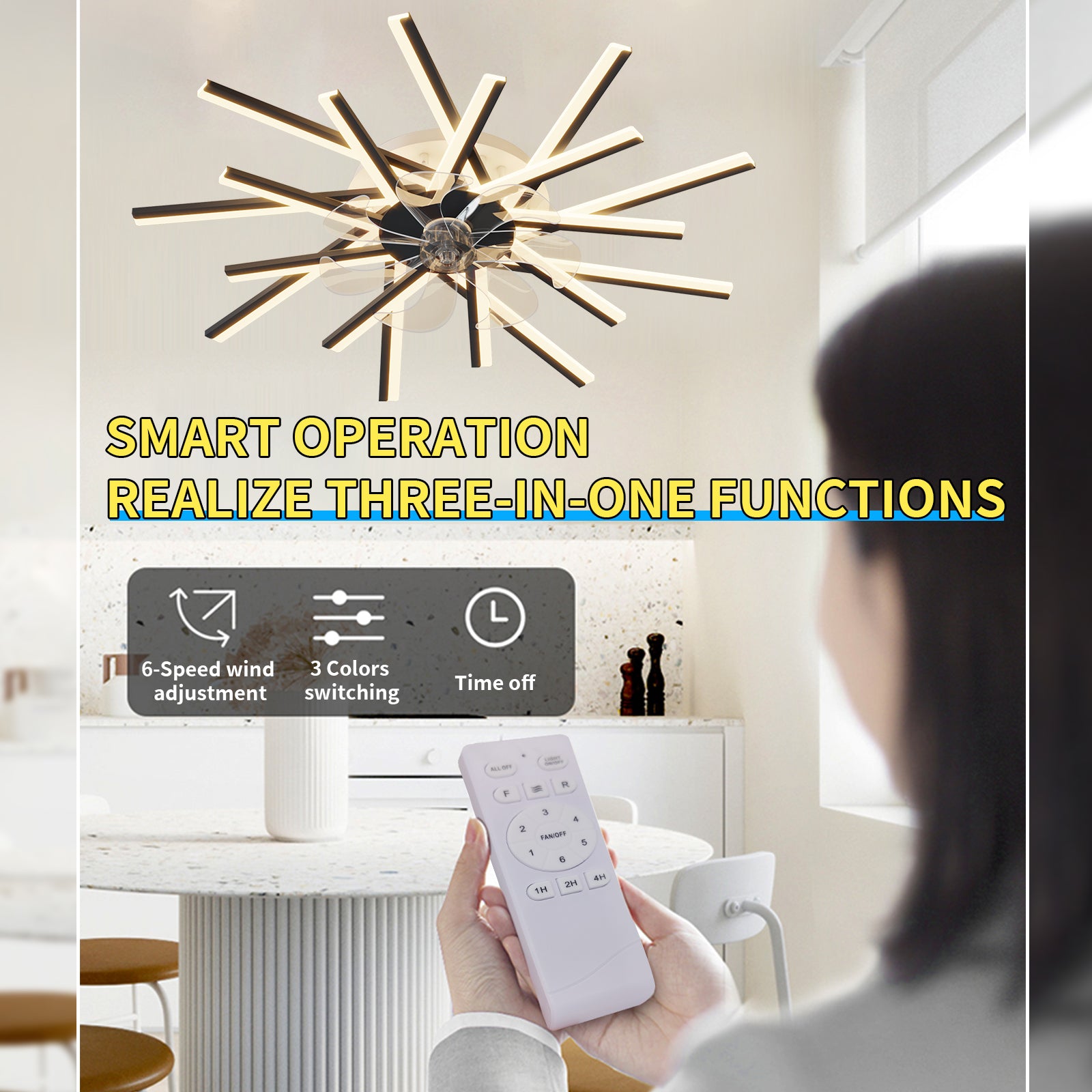 36In Ceiling Fan With Lights Remote Contro Dimmable Led,6 Gear Wind Speed Fan Light Black Modern Acrylic