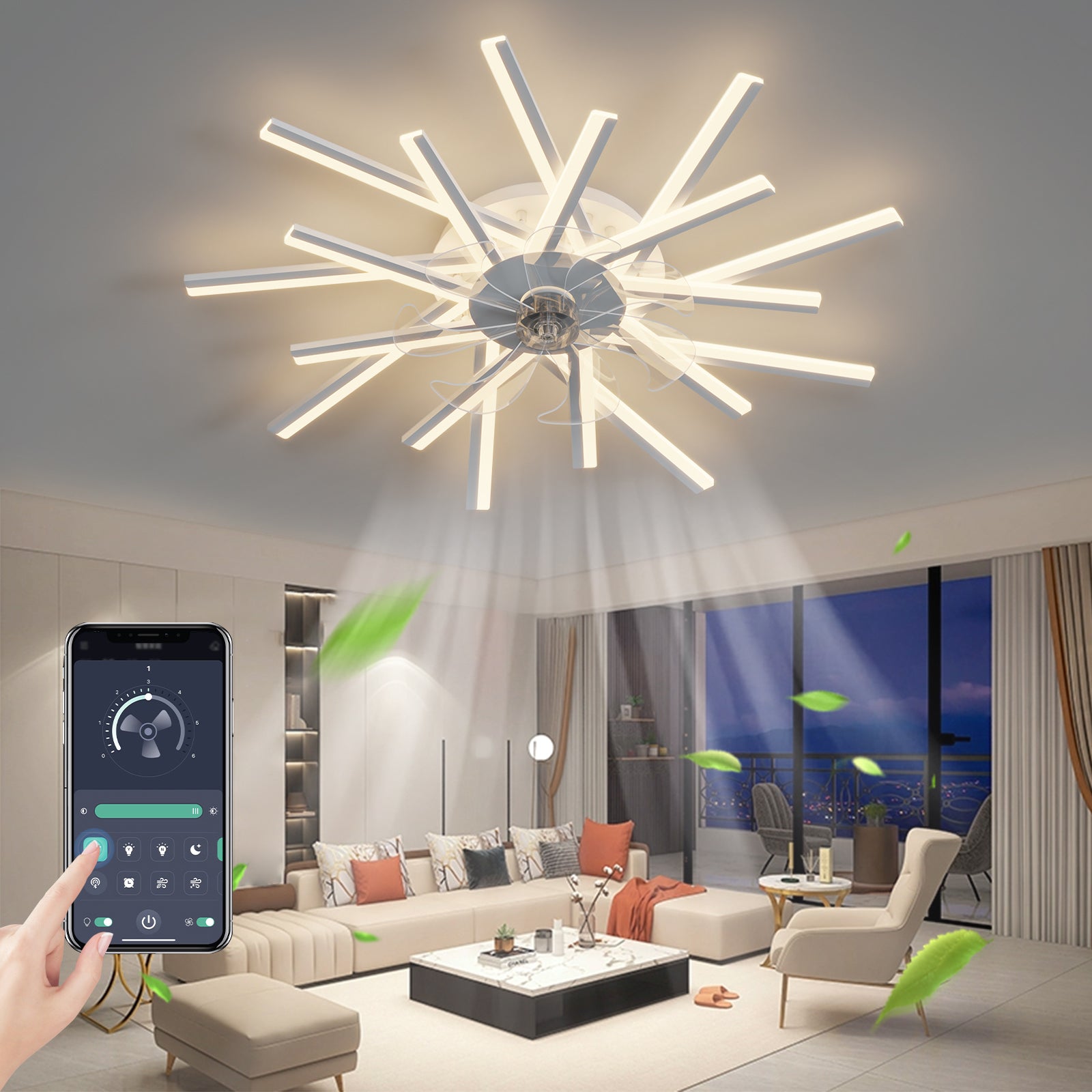 36In Ceiling Fan With Lights Remote Contro Dimmable Led,6 Gear Wind Speed Fan Light White Modern Acrylic