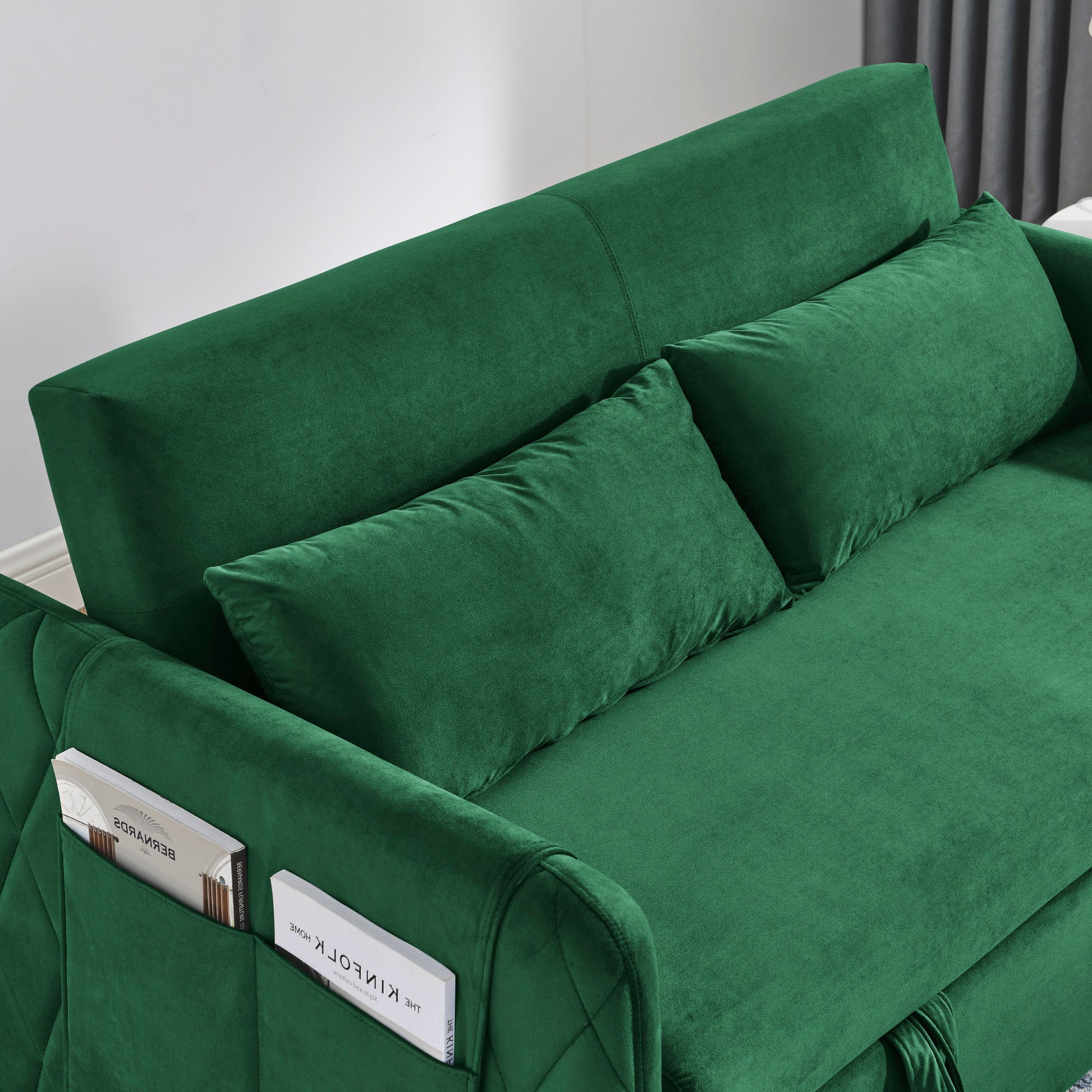 55" Modern Convertible Sofa Bed With 2 Detachable Arm Pockets, Velvet Loveseat Sofa With Pull Out Bed, 2 Pillows And Living Room Adjustable Backrest, Grid Design Armrests Green Foam Velvet