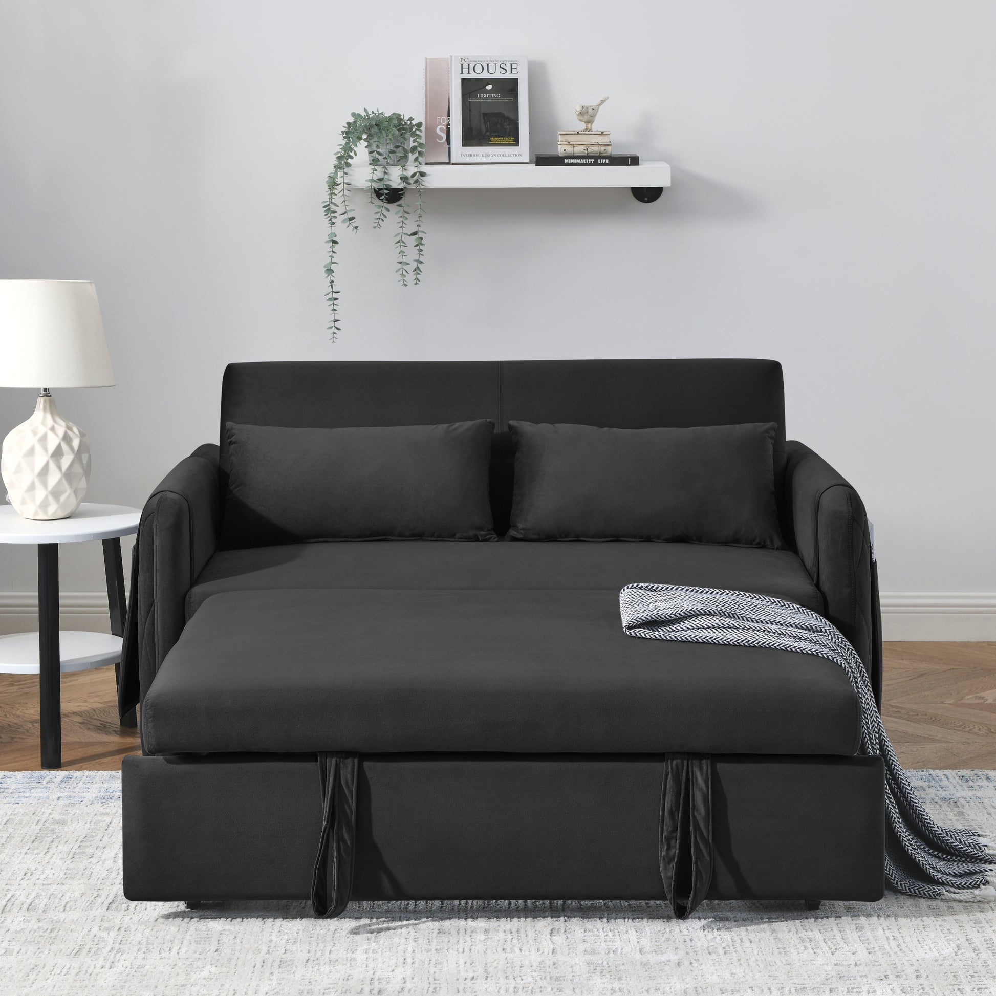 55" Modern Convertible Sofa Bed With 2 Detachable Arm Pockets, Velvet Loveseat Sofa With Pull Out Bed, 2 Pillows And Living Room Adjustable Backrest, Grid Design Armrests Black Foam Velvet