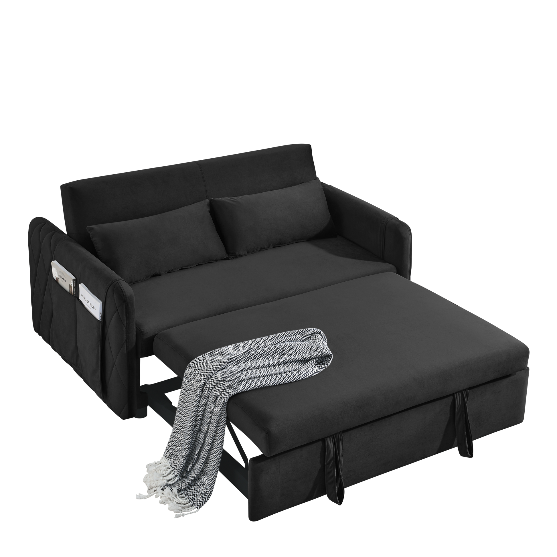 55" Modern Convertible Sofa Bed With 2 Detachable Arm Pockets, Velvet Loveseat Sofa With Pull Out Bed, 2 Pillows And Living Room Adjustable Backrest, Grid Design Armrests Black Foam Velvet