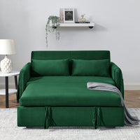 55" Modern Convertible Sofa Bed With 2 Detachable Arm Pockets, Velvet Loveseat Sofa With Pull Out Bed, 2 Pillows And Living Room Adjustable Backrest, Grid Design Armrests Green Foam Velvet