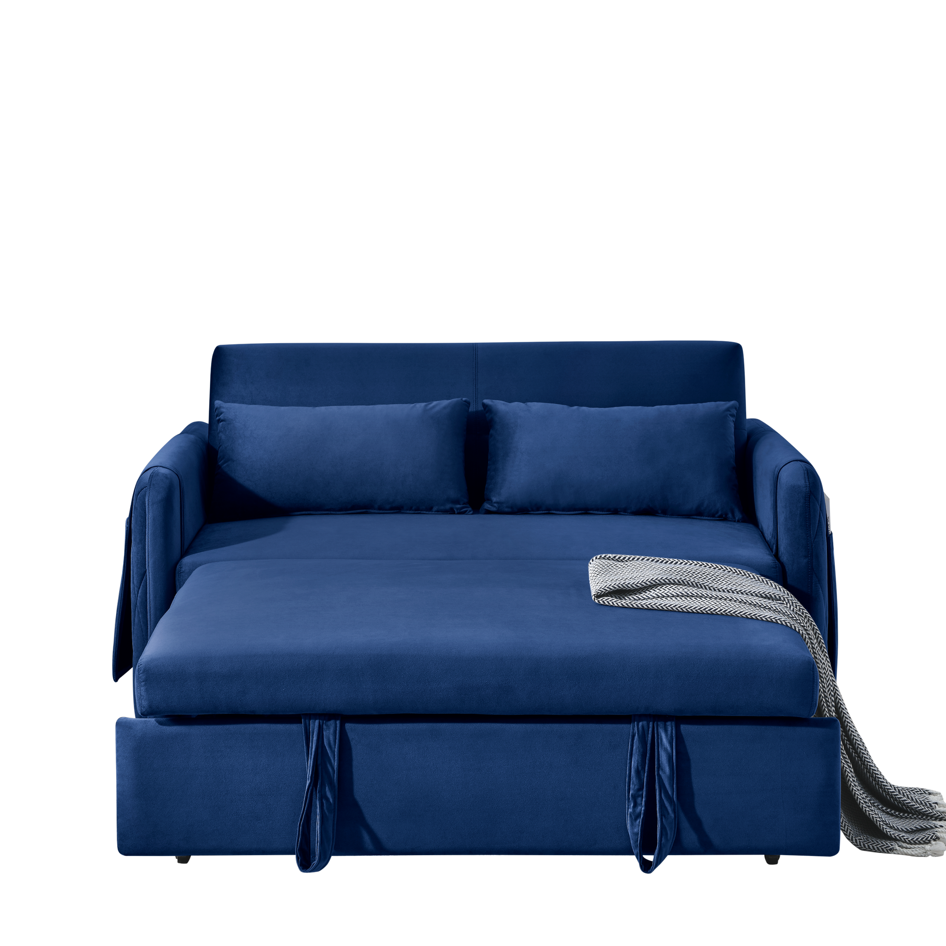 55" Modern Convertible Sofa Bed With 2 Detachable Arm Pockets, Velvet Loveseat Sofa With Pull Out Bed, 2 Pillows And Living Room Adjustable Backrest, Grid Design Armrests Blue Foam Velvet