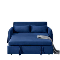 55" Modern Convertible Sofa Bed With 2 Detachable Arm Pockets, Velvet Loveseat Sofa With Pull Out Bed, 2 Pillows And Living Room Adjustable Backrest, Grid Design Armrests Blue Foam Velvet