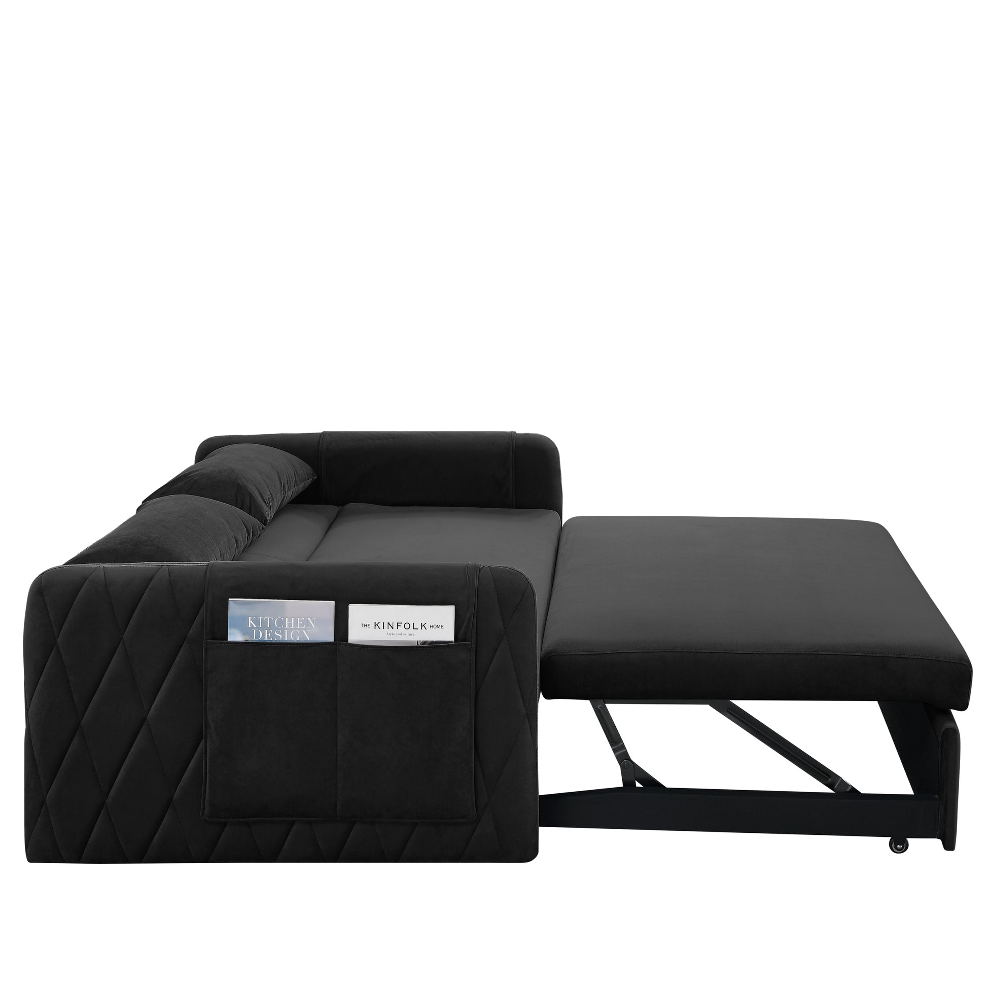 55" Modern Convertible Sofa Bed With 2 Detachable Arm Pockets, Velvet Loveseat Sofa With Pull Out Bed, 2 Pillows And Living Room Adjustable Backrest, Grid Design Armrests Black Foam Velvet