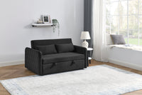 55" Modern Convertible Sofa Bed With 2 Detachable Arm Pockets, Velvet Loveseat Sofa With Pull Out Bed, 2 Pillows And Living Room Adjustable Backrest, Grid Design Armrests Black Foam Velvet