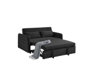 55" Modern Convertible Sofa Bed With 2 Detachable Arm Pockets, Velvet Loveseat Sofa With Pull Out Bed, 2 Pillows And Living Room Adjustable Backrest, Grid Design Armrests Black Foam Velvet