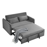 55" Modern Convertible Sofa Bed With 2 Detachable Arm Pockets, Velvet Loveseat Sofa With Pull Out Bed, 2 Pillows And Living Room Adjustable Backrest, Grid Design Armrests Grey Foam Velvet