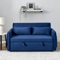 55" Modern Convertible Sofa Bed With 2 Detachable Arm Pockets, Velvet Loveseat Sofa With Pull Out Bed, 2 Pillows And Living Room Adjustable Backrest, Grid Design Armrests Blue Foam Velvet