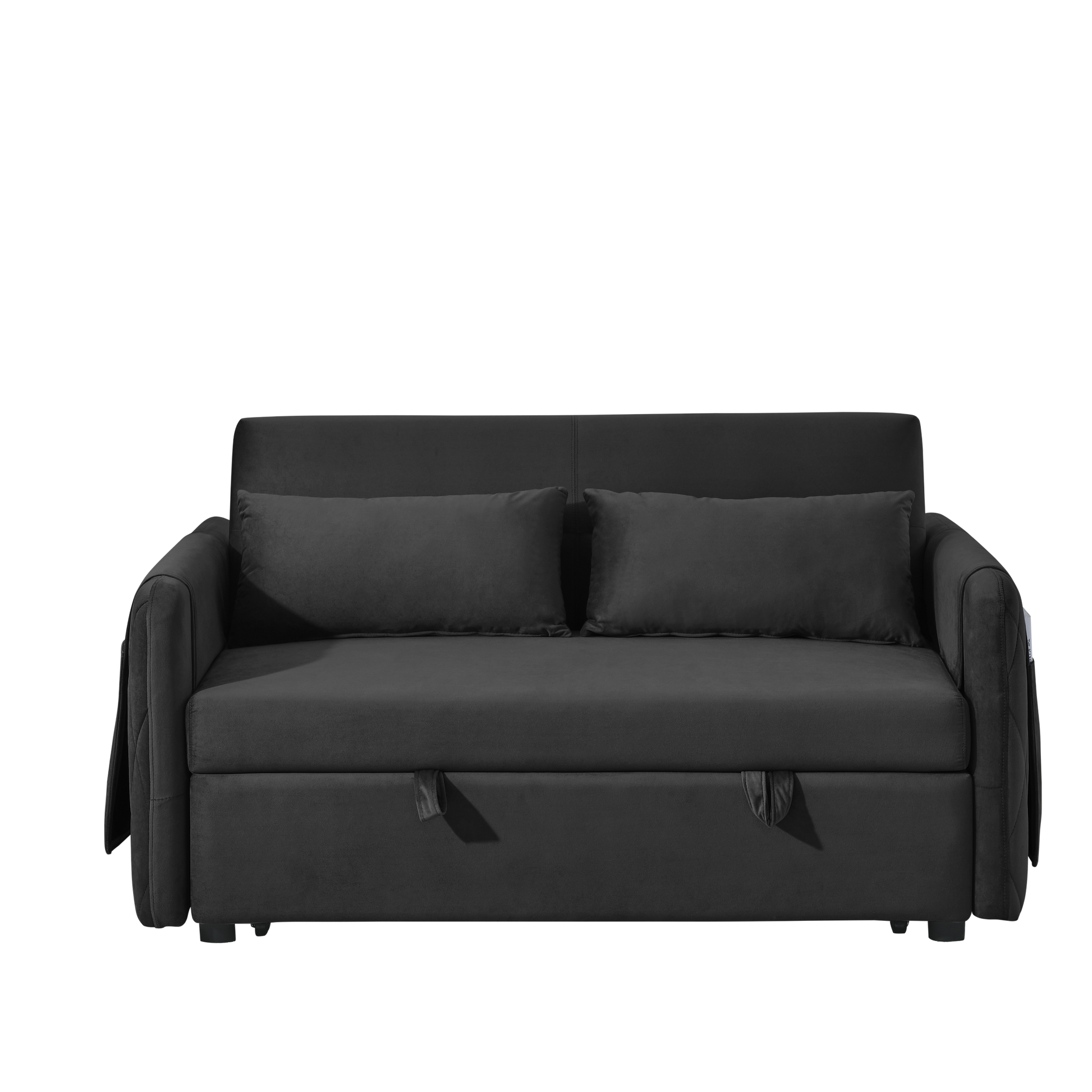 55" Modern Convertible Sofa Bed With 2 Detachable Arm Pockets, Velvet Loveseat Sofa With Pull Out Bed, 2 Pillows And Living Room Adjustable Backrest, Grid Design Armrests Black Foam Velvet