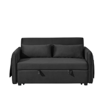 55" Modern Convertible Sofa Bed With 2 Detachable Arm Pockets, Velvet Loveseat Sofa With Pull Out Bed, 2 Pillows And Living Room Adjustable Backrest, Grid Design Armrests Black Foam Velvet