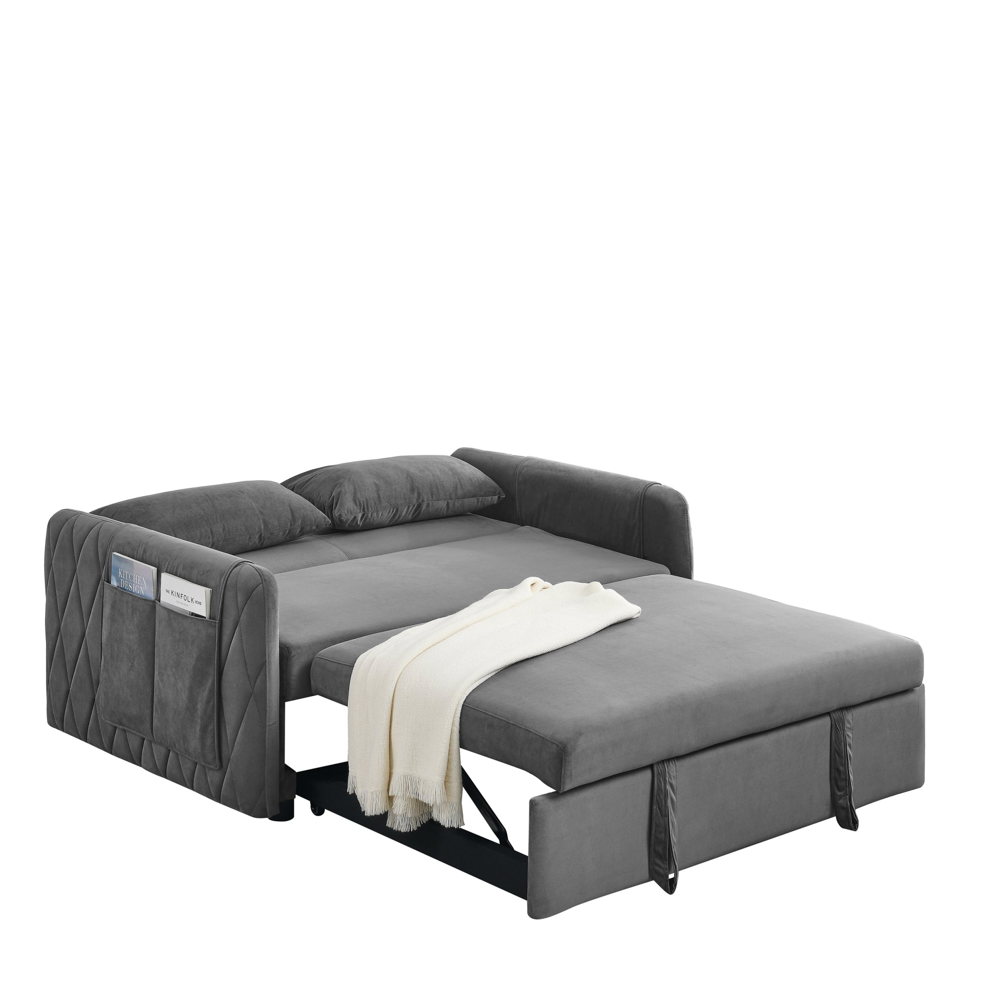 55" Modern Convertible Sofa Bed With 2 Detachable Arm Pockets, Velvet Loveseat Sofa With Pull Out Bed, 2 Pillows And Living Room Adjustable Backrest, Grid Design Armrests Grey Foam Velvet