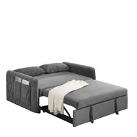 55" Modern Convertible Sofa Bed With 2 Detachable Arm Pockets, Velvet Loveseat Sofa With Pull Out Bed, 2 Pillows And Living Room Adjustable Backrest, Grid Design Armrests Grey Foam Velvet