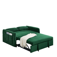 55" Modern Convertible Sofa Bed With 2 Detachable Arm Pockets, Velvet Loveseat Sofa With Pull Out Bed, 2 Pillows And Living Room Adjustable Backrest, Grid Design Armrests Green Foam Velvet