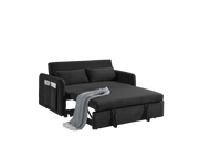 55" Modern Convertible Sofa Bed With 2 Detachable Arm Pockets, Velvet Loveseat Sofa With Pull Out Bed, 2 Pillows And Living Room Adjustable Backrest, Grid Design Armrests Black Foam Velvet