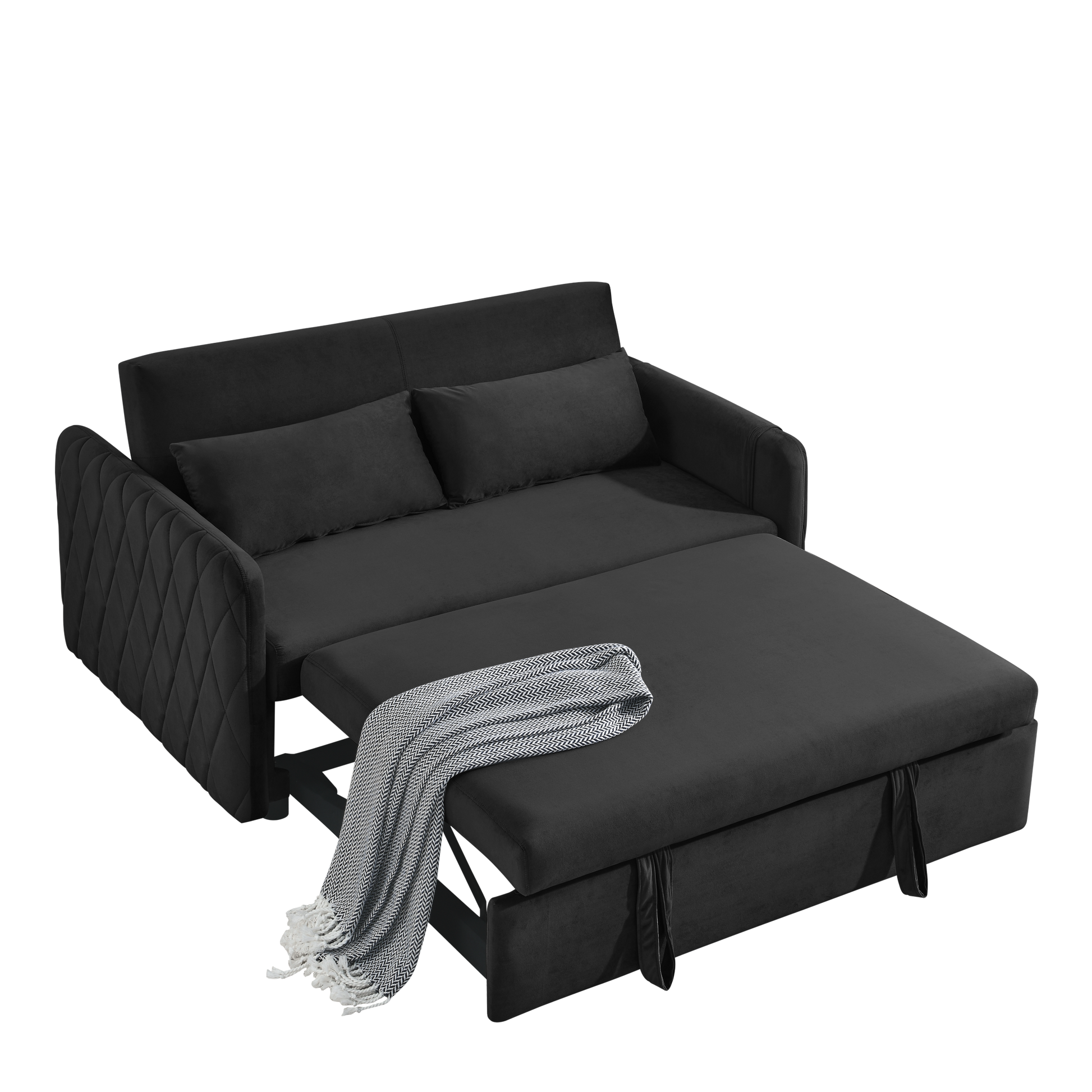 55" Modern Convertible Sofa Bed With 2 Detachable Arm Pockets, Velvet Loveseat Sofa With Pull Out Bed, 2 Pillows And Living Room Adjustable Backrest, Grid Design Armrests Black Foam Velvet