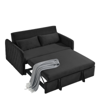 55" Modern Convertible Sofa Bed With 2 Detachable Arm Pockets, Velvet Loveseat Sofa With Pull Out Bed, 2 Pillows And Living Room Adjustable Backrest, Grid Design Armrests Black Foam Velvet