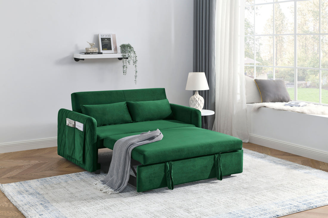 55" Modern Convertible Sofa Bed With 2 Detachable Arm Pockets, Velvet Loveseat Sofa With Pull Out Bed, 2 Pillows And Living Room Adjustable Backrest, Grid Design Armrests Green Foam Velvet