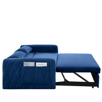 55" Modern Convertible Sofa Bed With 2 Detachable Arm Pockets, Velvet Loveseat Sofa With Pull Out Bed, 2 Pillows And Living Room Adjustable Backrest, Grid Design Armrests Blue Foam Velvet