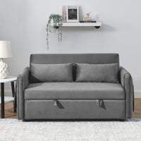 55" Modern Convertible Sofa Bed With 2 Detachable Arm Pockets, Velvet Loveseat Sofa With Pull Out Bed, 2 Pillows And Living Room Adjustable Backrest, Grid Design Armrests Grey Foam Velvet