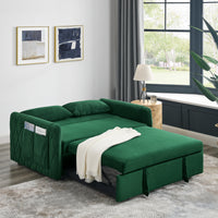 55" Modern Convertible Sofa Bed With 2 Detachable Arm Pockets, Velvet Loveseat Sofa With Pull Out Bed, 2 Pillows And Living Room Adjustable Backrest, Grid Design Armrests Green Foam Velvet