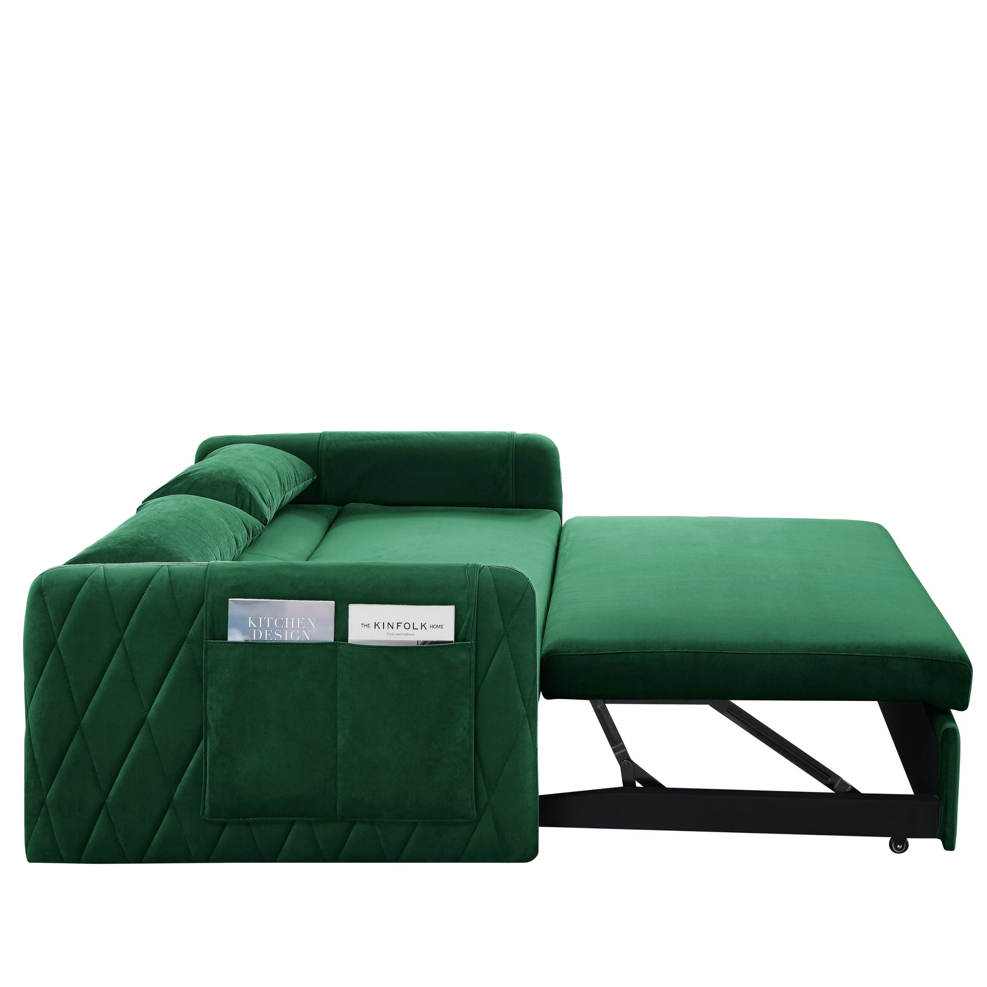 55" Modern Convertible Sofa Bed With 2 Detachable Arm Pockets, Velvet Loveseat Sofa With Pull Out Bed, 2 Pillows And Living Room Adjustable Backrest, Grid Design Armrests Green Foam Velvet