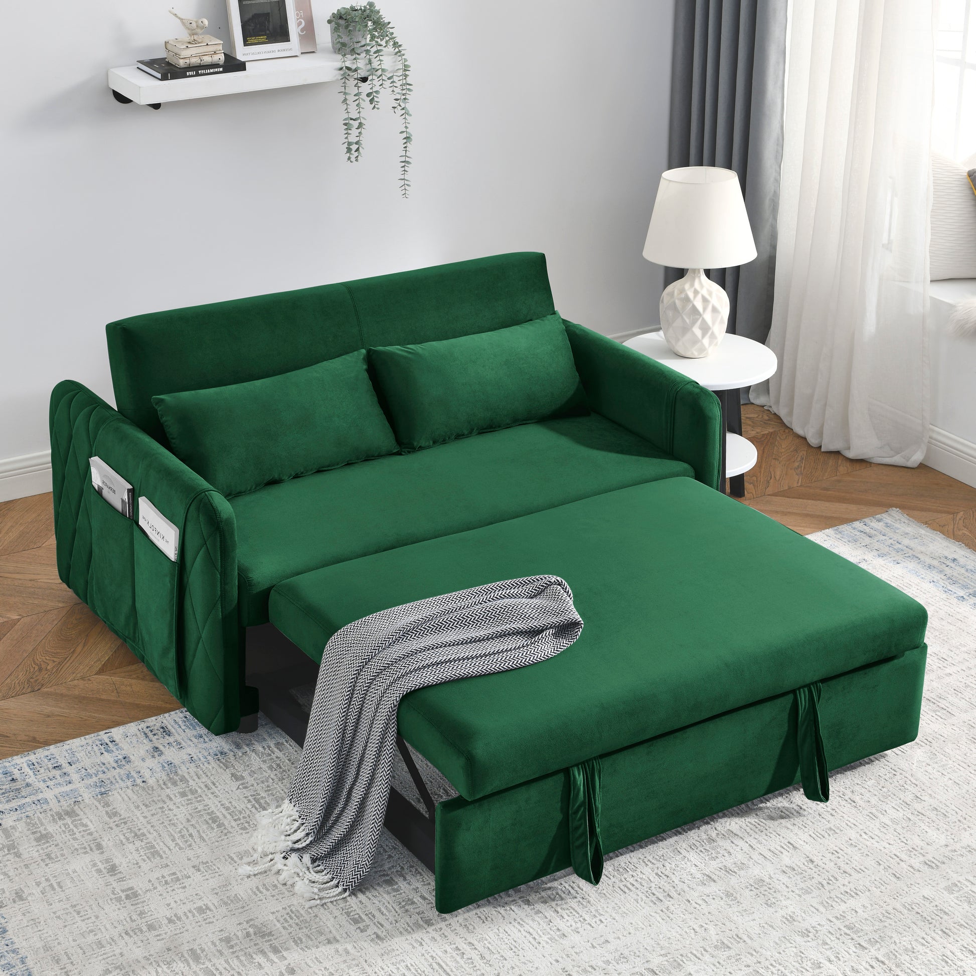 55" Modern Convertible Sofa Bed With 2 Detachable Arm Pockets, Velvet Loveseat Sofa With Pull Out Bed, 2 Pillows And Living Room Adjustable Backrest, Grid Design Armrests Green Foam Velvet