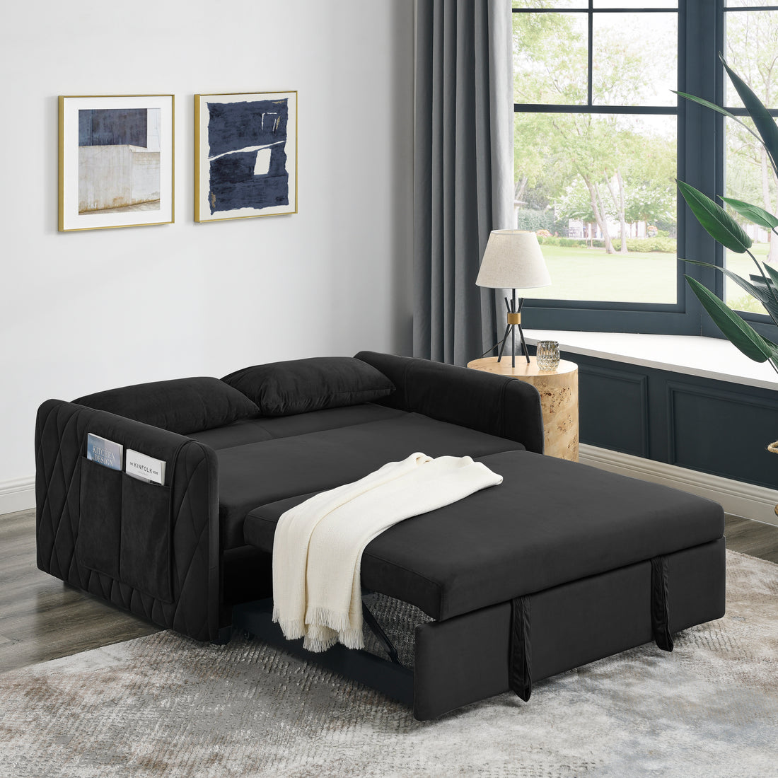 55" Modern Convertible Sofa Bed With 2 Detachable Arm Pockets, Velvet Loveseat Sofa With Pull Out Bed, 2 Pillows And Living Room Adjustable Backrest, Grid Design Armrests Black Foam Velvet