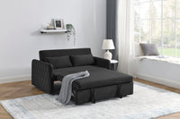 55" Modern Convertible Sofa Bed With 2 Detachable Arm Pockets, Velvet Loveseat Sofa With Pull Out Bed, 2 Pillows And Living Room Adjustable Backrest, Grid Design Armrests Black Foam Velvet