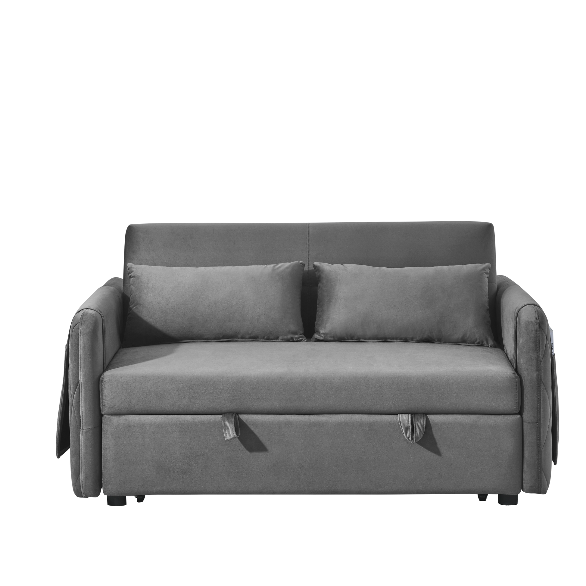 55" Modern Convertible Sofa Bed With 2 Detachable Arm Pockets, Velvet Loveseat Sofa With Pull Out Bed, 2 Pillows And Living Room Adjustable Backrest, Grid Design Armrests Grey Foam Velvet