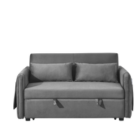 55" Modern Convertible Sofa Bed With 2 Detachable Arm Pockets, Velvet Loveseat Sofa With Pull Out Bed, 2 Pillows And Living Room Adjustable Backrest, Grid Design Armrests Grey Foam Velvet