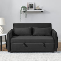 55" Modern Convertible Sofa Bed With 2 Detachable Arm Pockets, Velvet Loveseat Sofa With Pull Out Bed, 2 Pillows And Living Room Adjustable Backrest, Grid Design Armrests Black Foam Velvet