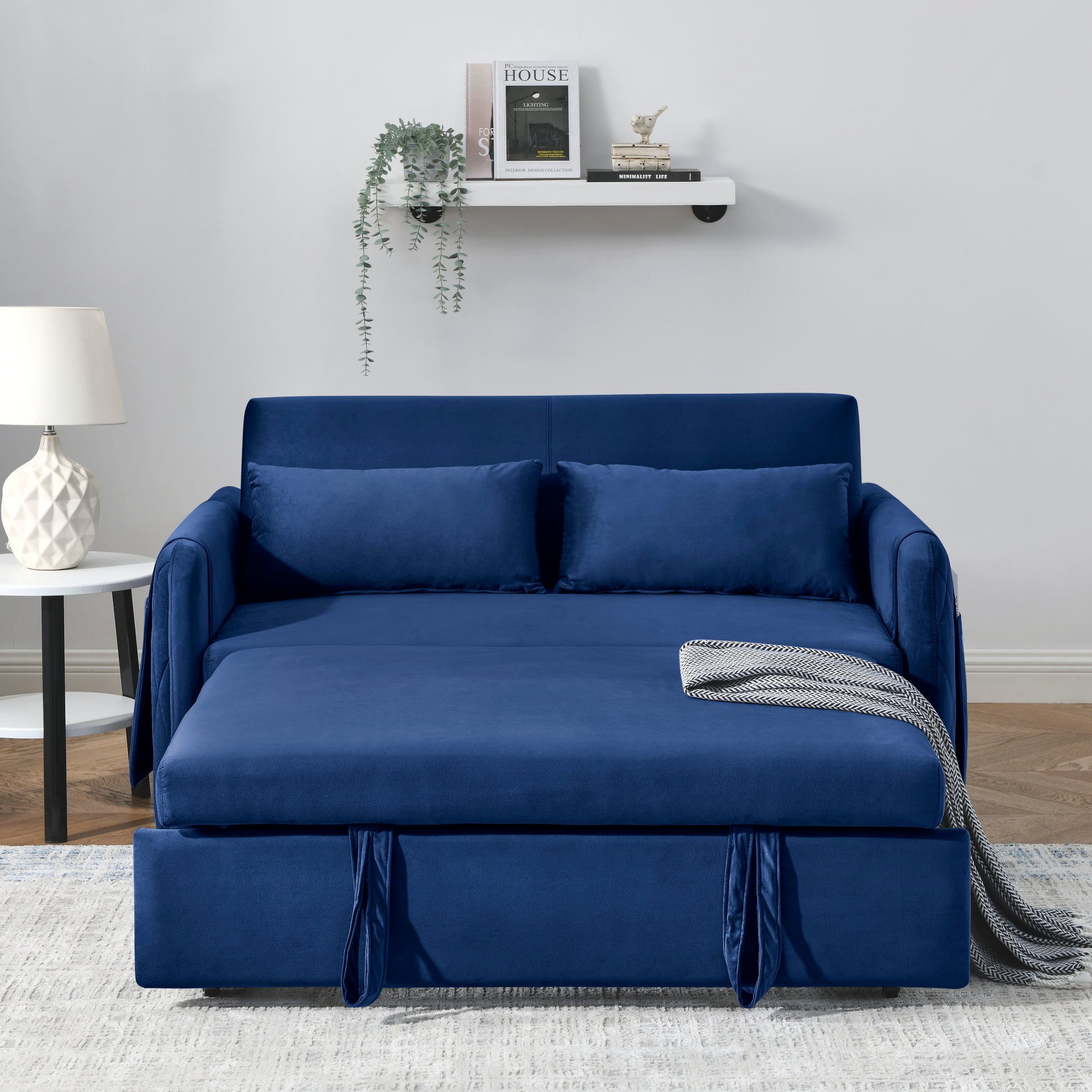 55" Modern Convertible Sofa Bed With 2 Detachable Arm Pockets, Velvet Loveseat Sofa With Pull Out Bed, 2 Pillows And Living Room Adjustable Backrest, Grid Design Armrests Blue Foam Velvet