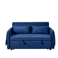 55" Modern Convertible Sofa Bed With 2 Detachable Arm Pockets, Velvet Loveseat Sofa With Pull Out Bed, 2 Pillows And Living Room Adjustable Backrest, Grid Design Armrests Blue Foam Velvet