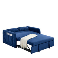 55" Modern Convertible Sofa Bed With 2 Detachable Arm Pockets, Velvet Loveseat Sofa With Pull Out Bed, 2 Pillows And Living Room Adjustable Backrest, Grid Design Armrests Blue Foam Velvet