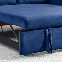 55" Modern Convertible Sofa Bed With 2 Detachable Arm Pockets, Velvet Loveseat Sofa With Pull Out Bed, 2 Pillows And Living Room Adjustable Backrest, Grid Design Armrests Blue Foam Velvet