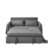 55" Modern Convertible Sofa Bed With 2 Detachable Arm Pockets, Velvet Loveseat Sofa With Pull Out Bed, 2 Pillows And Living Room Adjustable Backrest, Grid Design Armrests Grey Foam Velvet