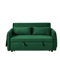 55" Modern Convertible Sofa Bed With 2 Detachable Arm Pockets, Velvet Loveseat Sofa With Pull Out Bed, 2 Pillows And Living Room Adjustable Backrest, Grid Design Armrests Green Foam Velvet