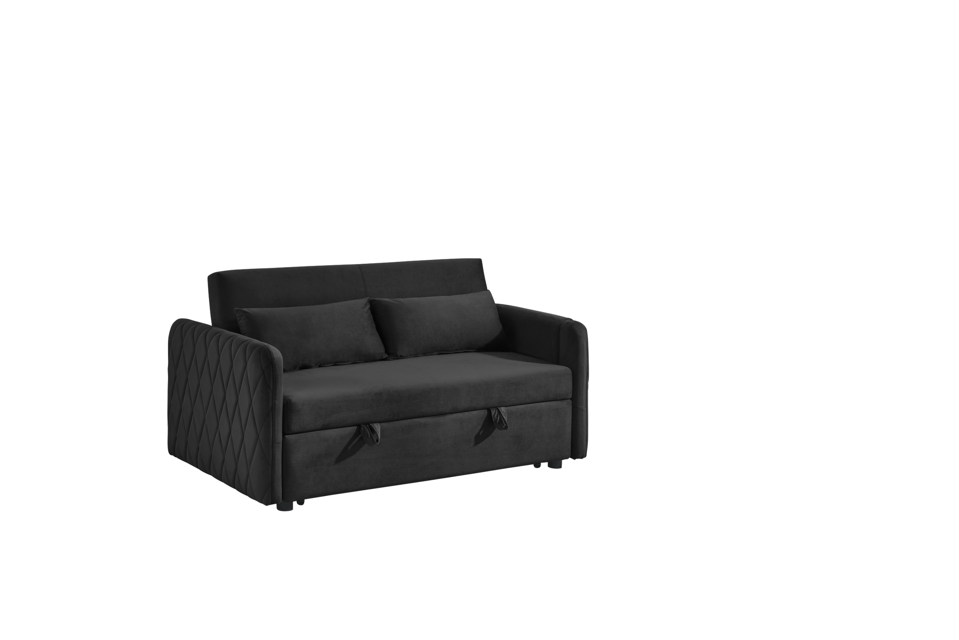 55" Modern Convertible Sofa Bed With 2 Detachable Arm Pockets, Velvet Loveseat Sofa With Pull Out Bed, 2 Pillows And Living Room Adjustable Backrest, Grid Design Armrests Black Foam Velvet