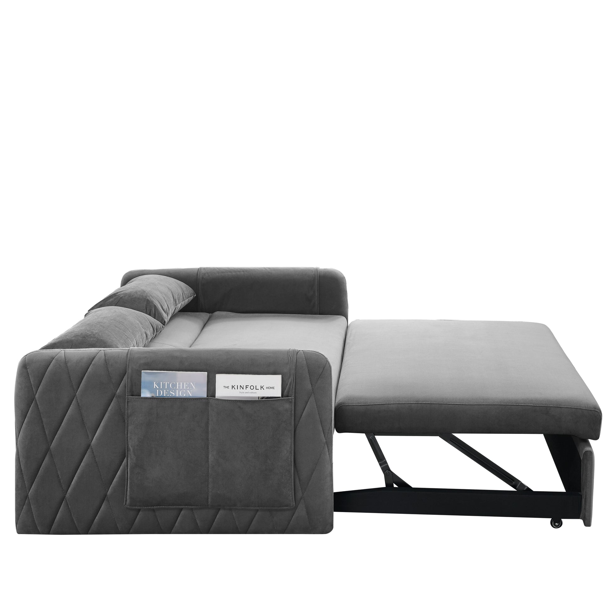 55" Modern Convertible Sofa Bed With 2 Detachable Arm Pockets, Velvet Loveseat Sofa With Pull Out Bed, 2 Pillows And Living Room Adjustable Backrest, Grid Design Armrests Grey Foam Velvet