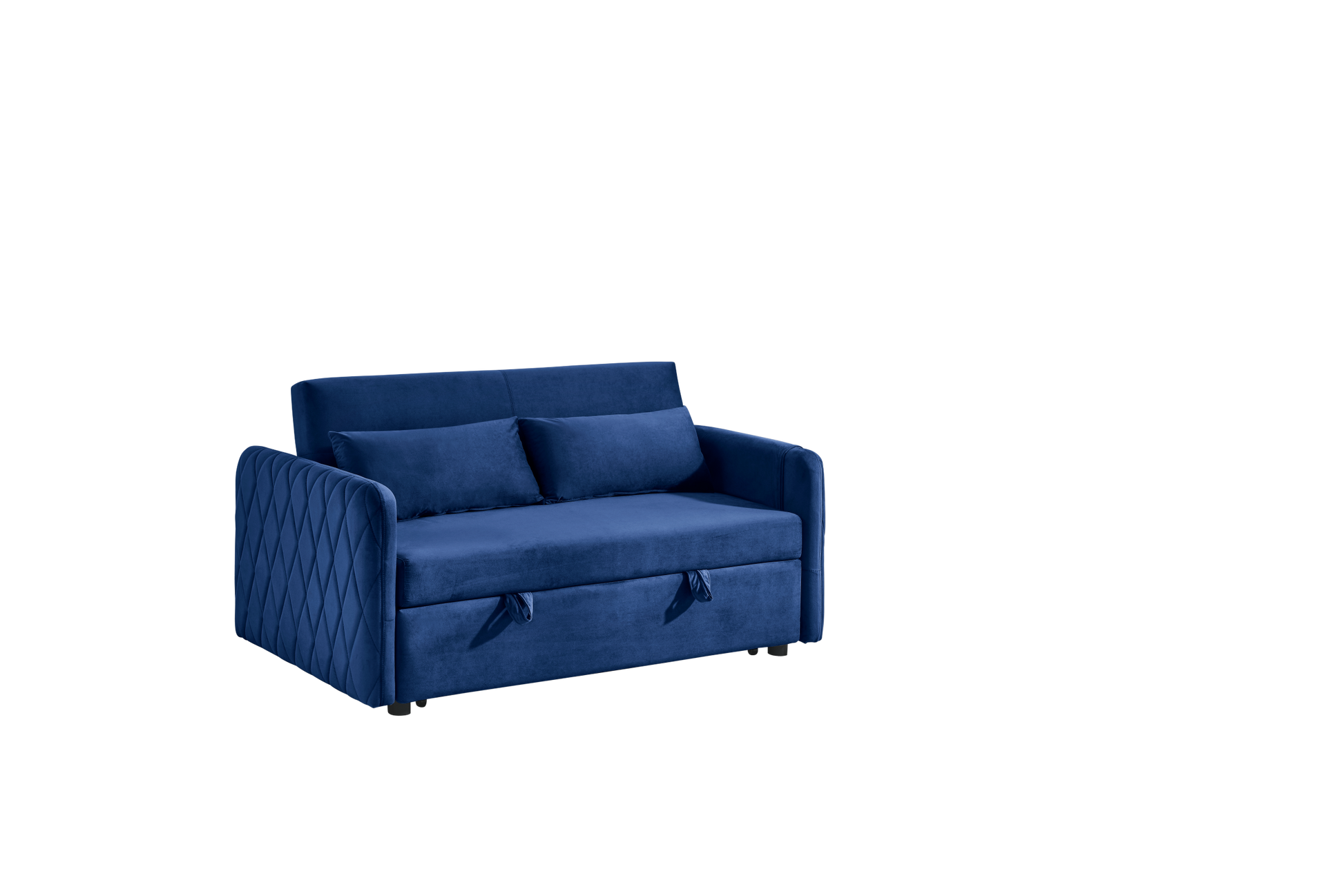 55" Modern Convertible Sofa Bed With 2 Detachable Arm Pockets, Velvet Loveseat Sofa With Pull Out Bed, 2 Pillows And Living Room Adjustable Backrest, Grid Design Armrests Blue Foam Velvet