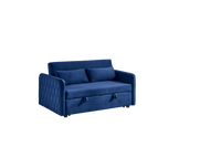 55" Modern Convertible Sofa Bed With 2 Detachable Arm Pockets, Velvet Loveseat Sofa With Pull Out Bed, 2 Pillows And Living Room Adjustable Backrest, Grid Design Armrests Blue Foam Velvet