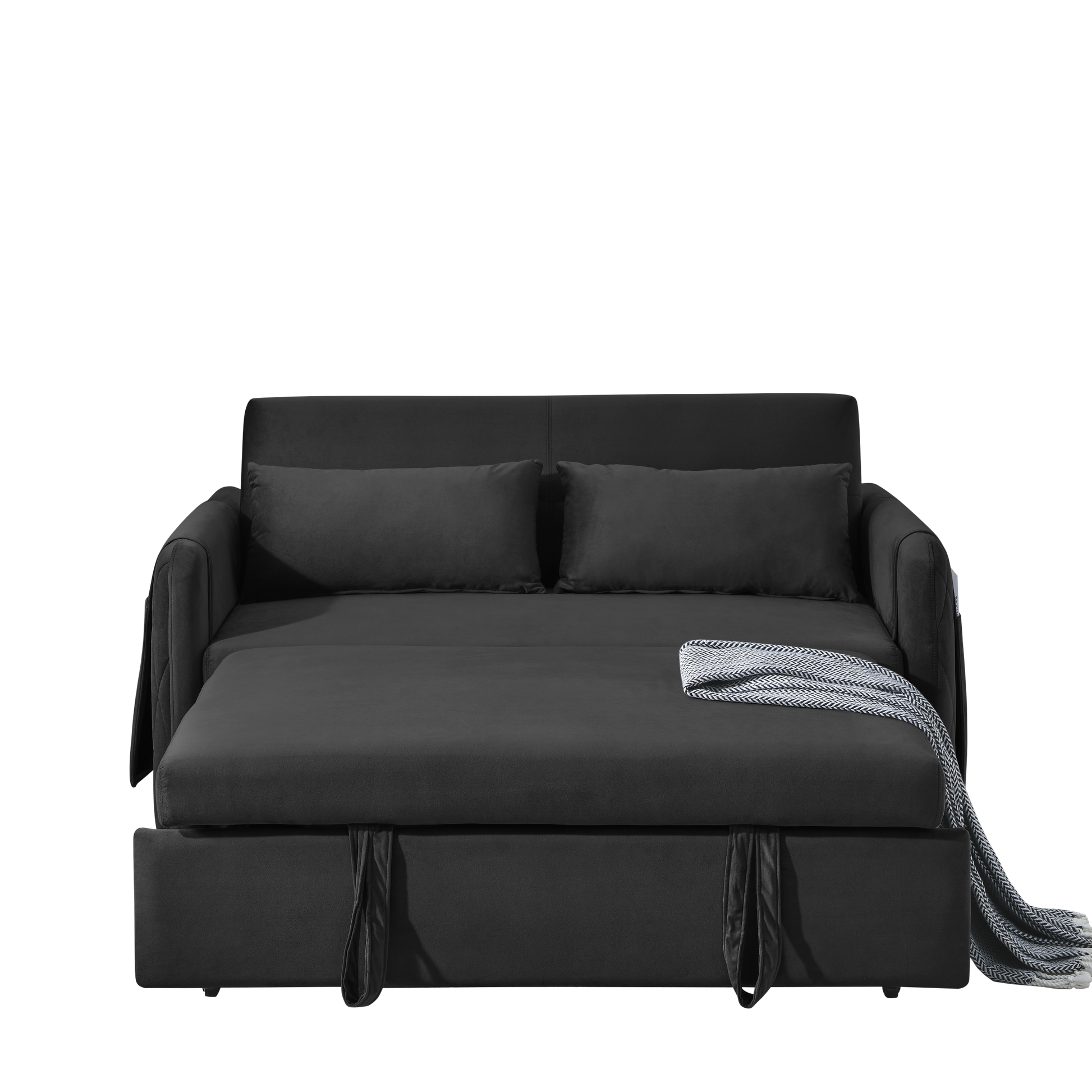 55" Modern Convertible Sofa Bed With 2 Detachable Arm Pockets, Velvet Loveseat Sofa With Pull Out Bed, 2 Pillows And Living Room Adjustable Backrest, Grid Design Armrests Black Foam Velvet