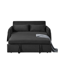 55" Modern Convertible Sofa Bed With 2 Detachable Arm Pockets, Velvet Loveseat Sofa With Pull Out Bed, 2 Pillows And Living Room Adjustable Backrest, Grid Design Armrests Black Foam Velvet